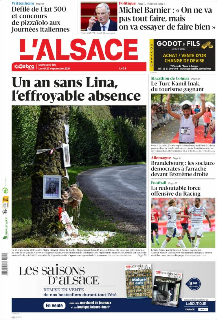Portada de Journal L'Alsace (Francia)