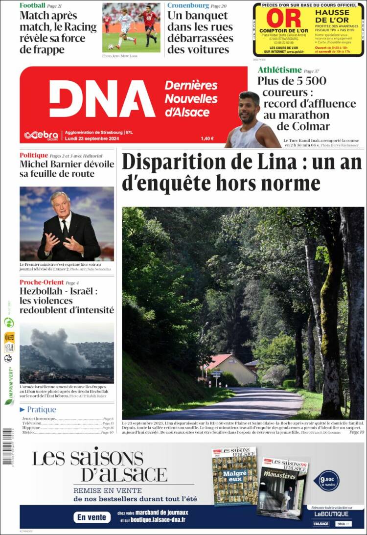 Portada de Les Dernières Nouvelles d'Alsace (Francia)
