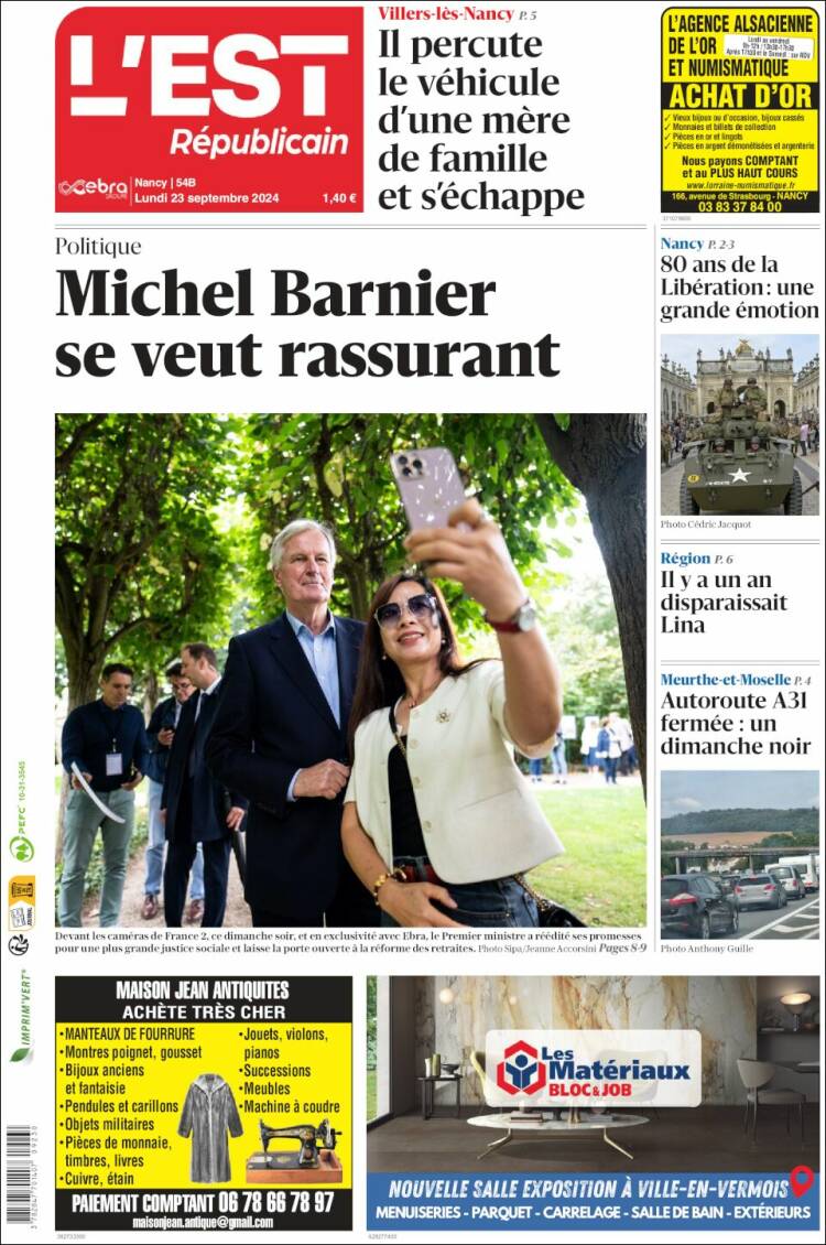 Portada de L'Est Republicain (Francia)