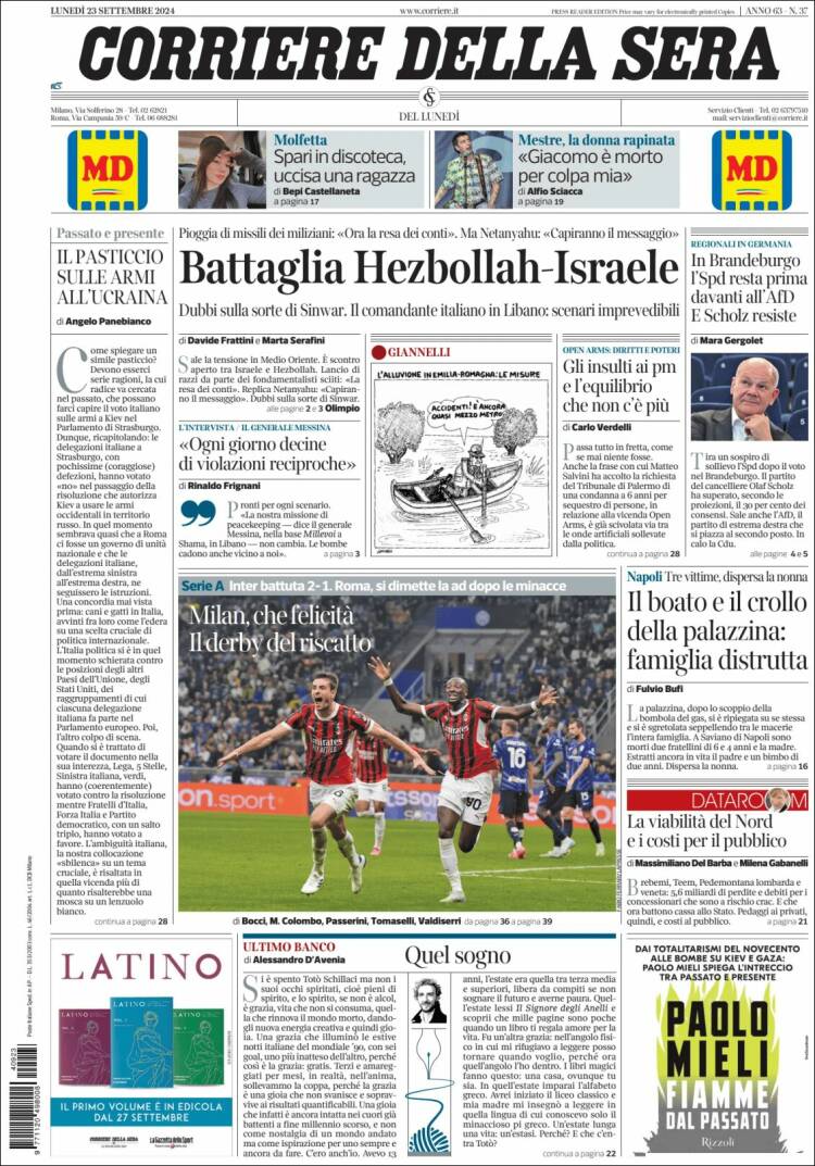 Portada de Corriere della Sera (Italia)