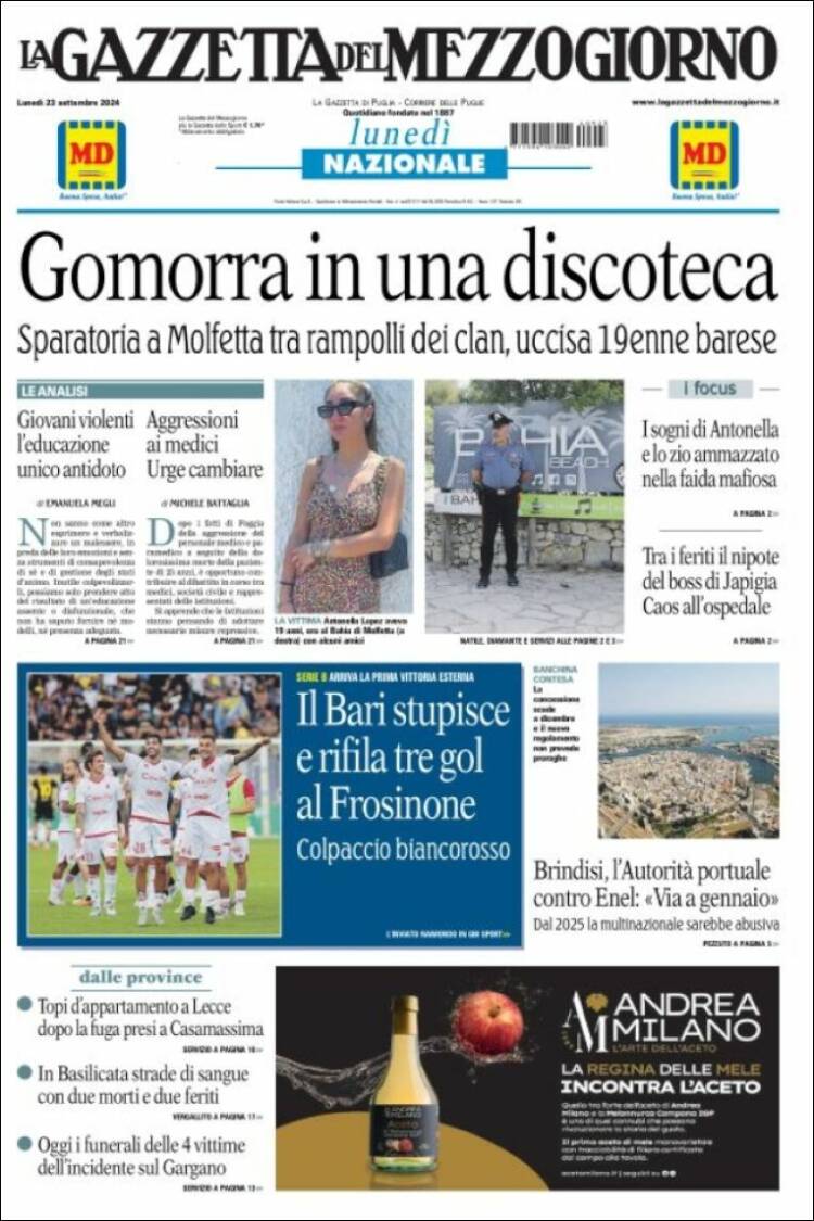 Portada de La Gazzetta del Mezzogiorno (Italia)