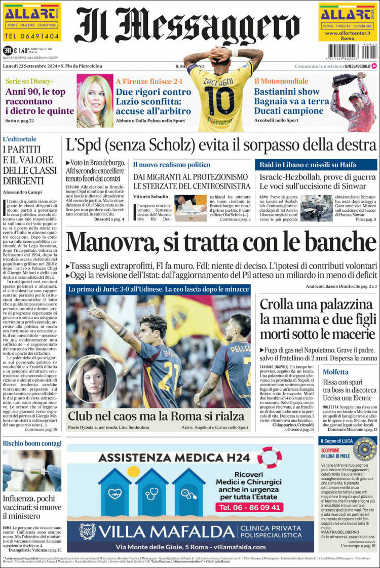 Portada de Il Messaggero (Italia)