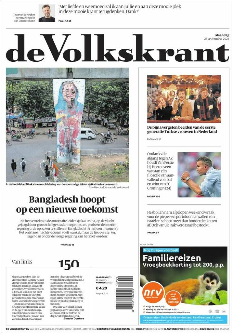 Portada de De Volkskrant (Pa&iacute;ses Bajos)