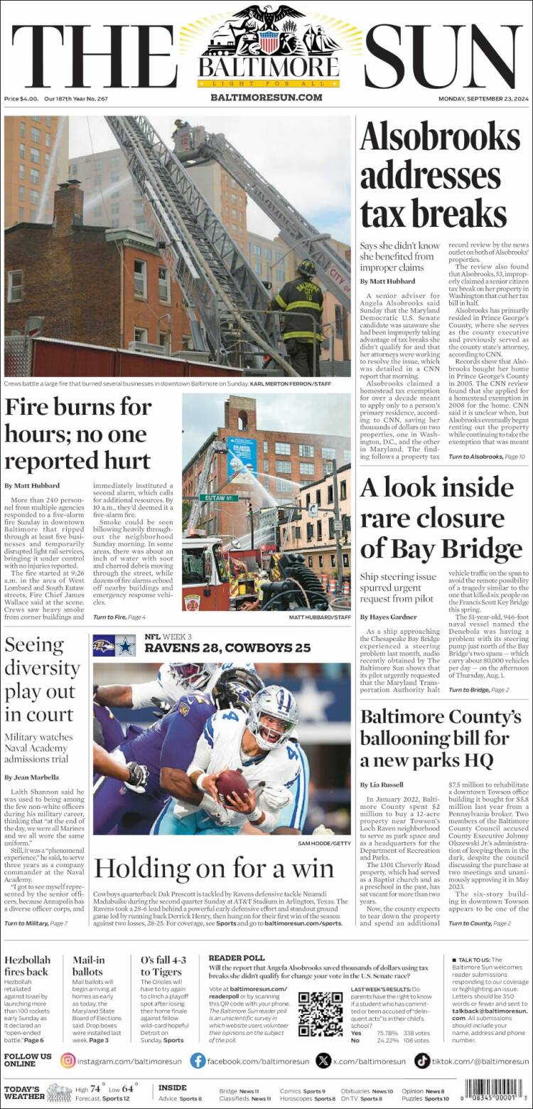 Portada de The Baltimore Sun (USA)