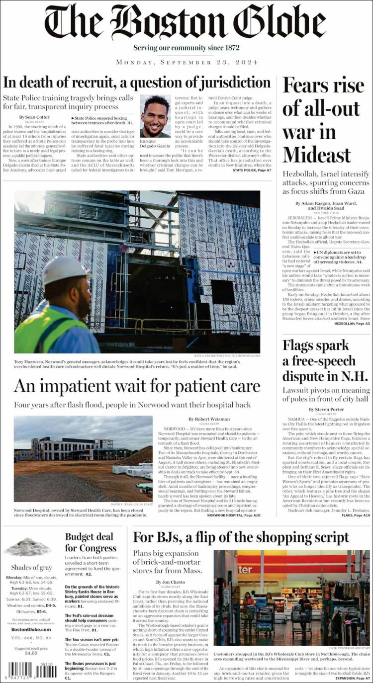Portada de Boston Globe (USA)
