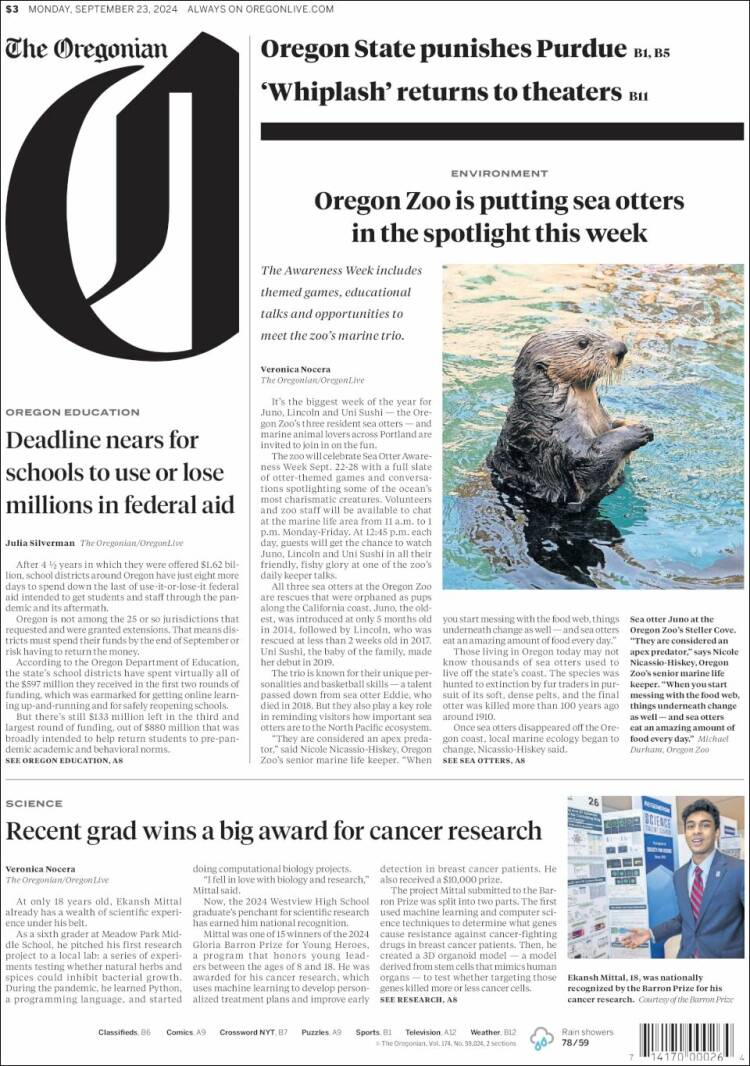 Portada de The Oregonian (USA)