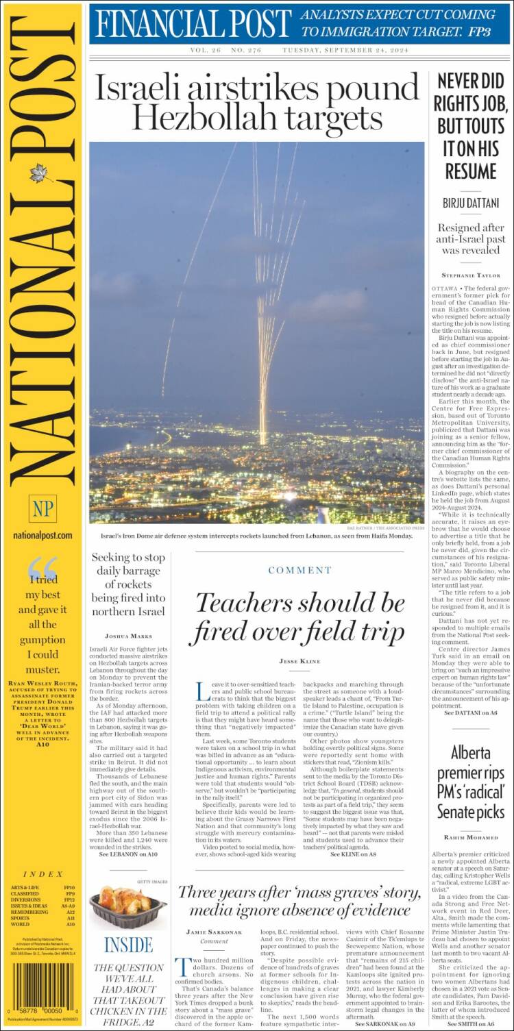 Portada de The National Post (Canadá)