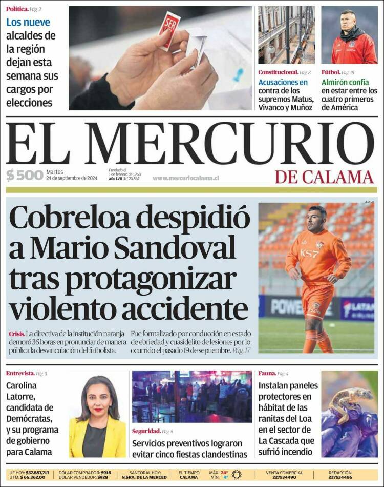 Portada de El Mercurio - Calama (Chile)