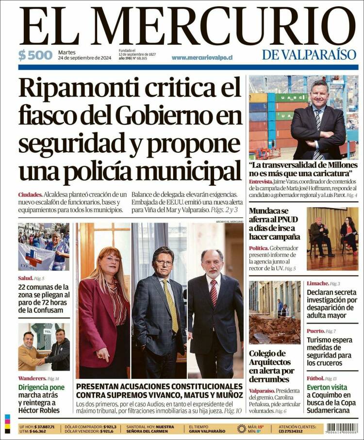 Portada de Mercurio de Valparaiso (Chile)