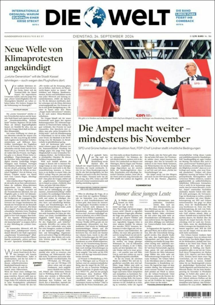 Portada de Die Welt (Alemania)