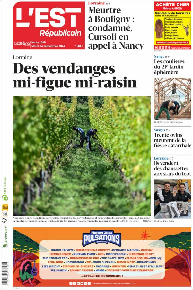 Portada de L'Est Republicain (Francia)