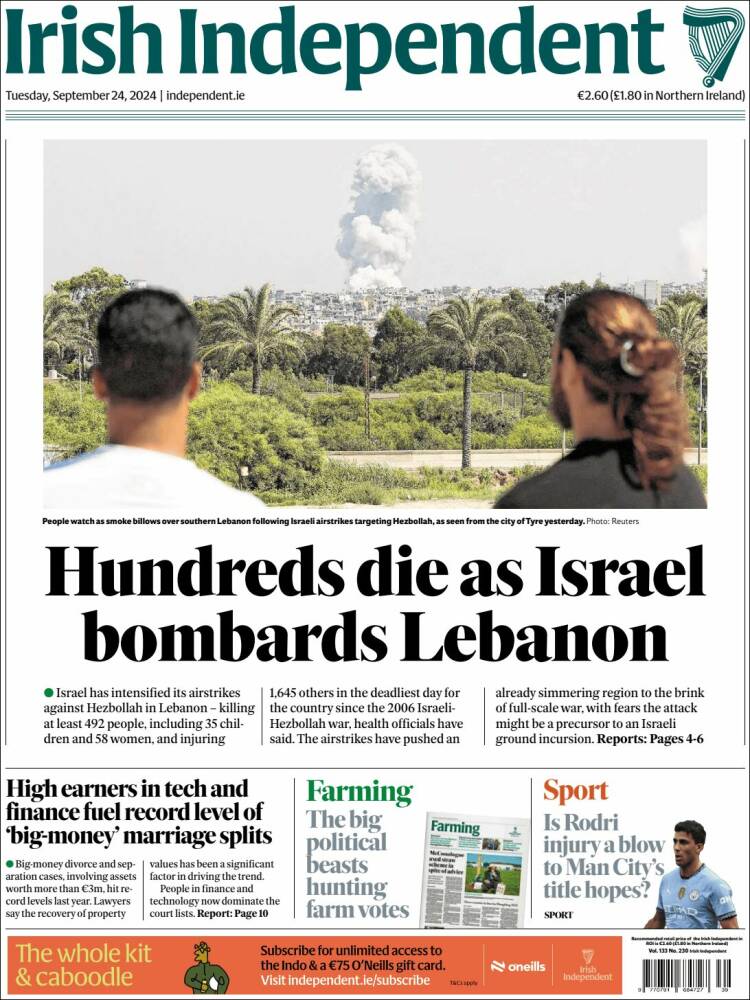 Portada de Irish Independent (Irlanda)