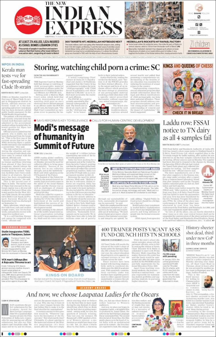 Portada de New Indian Express (India)