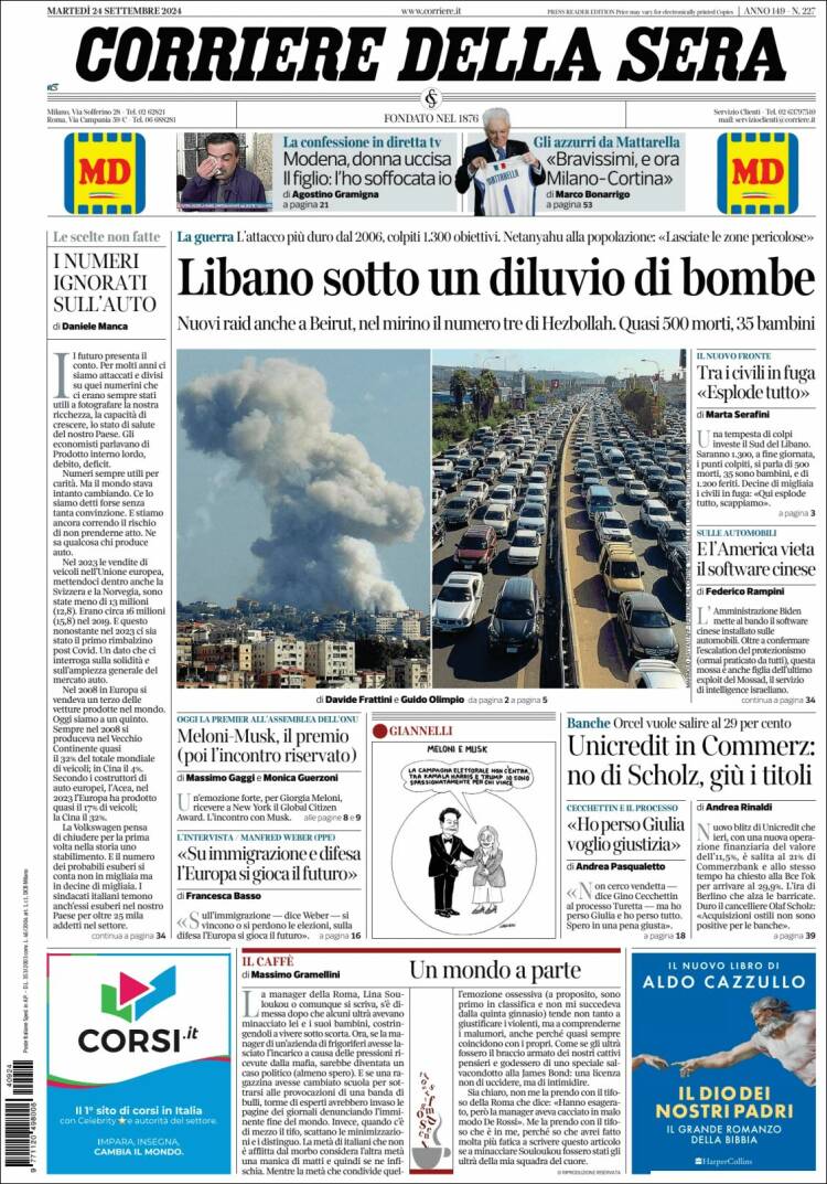 Portada de Corriere della Sera (Italia)