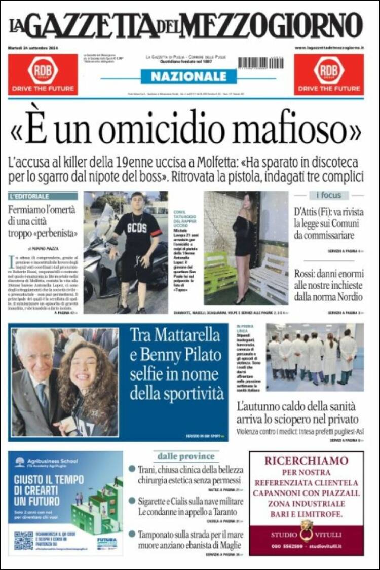 Portada de La Gazzetta del Mezzogiorno (Italia)