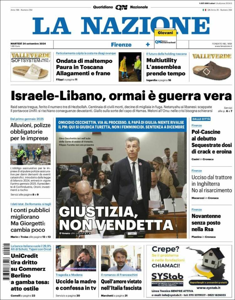 Portada de La Nazione (Italia)