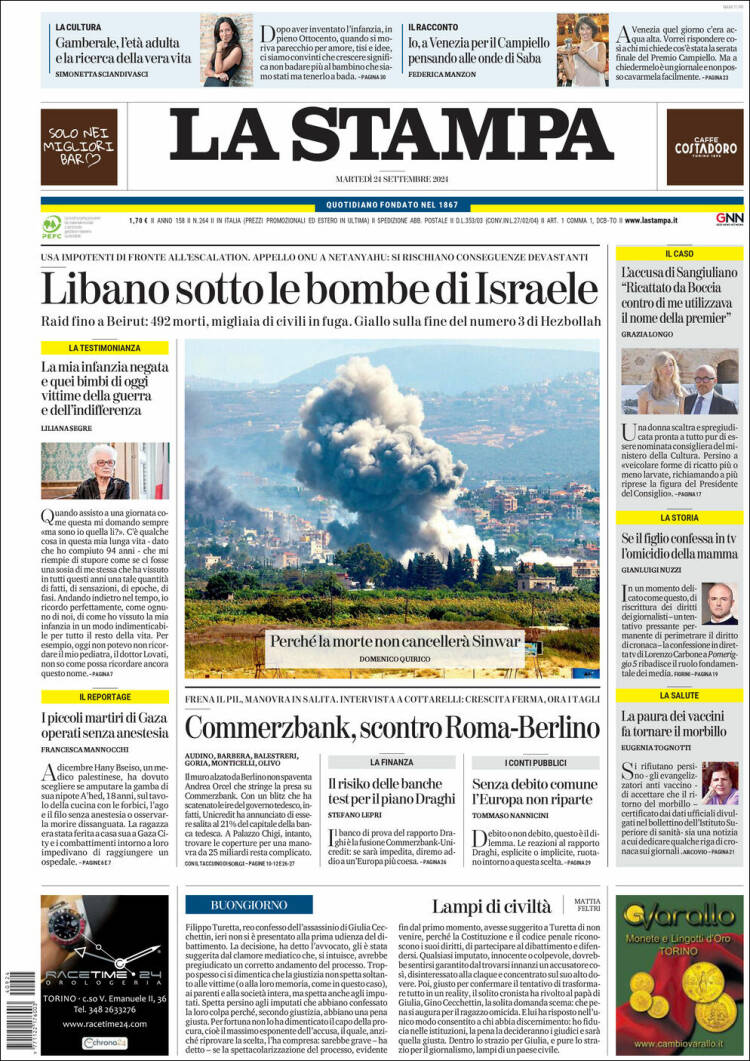 Portada de La Stampa (Italia)
