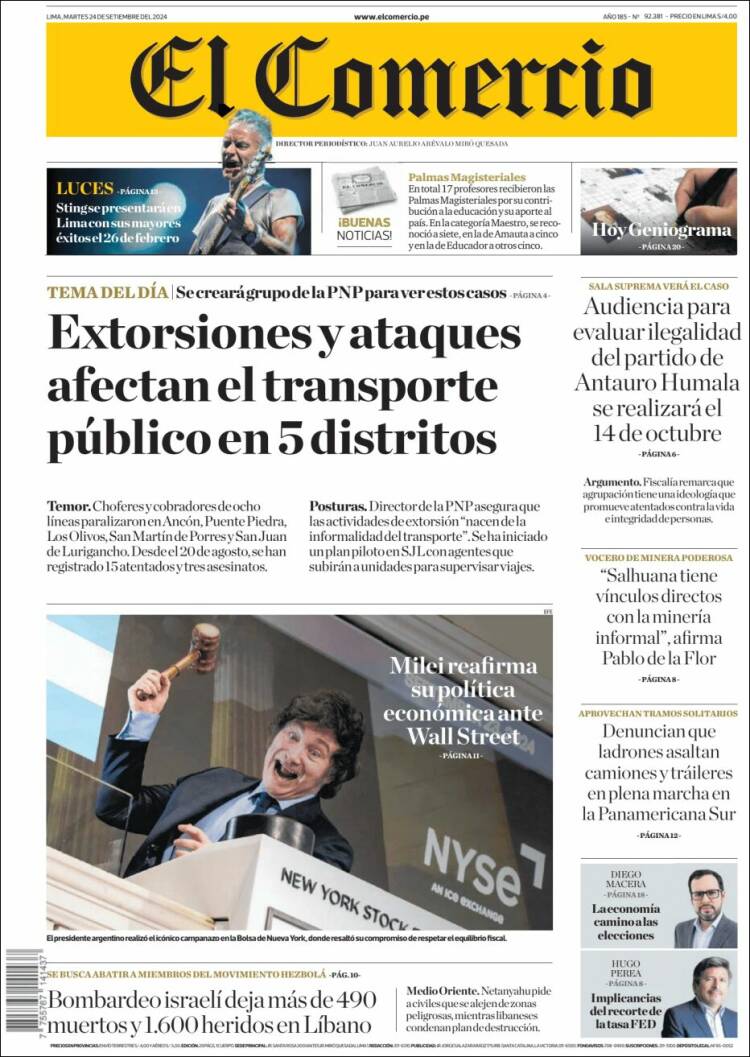 Portada de El Comercio (Per&uacute;)