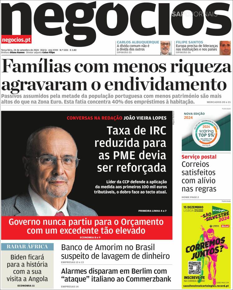 Portada de Jornal de Negócios (Portugal)