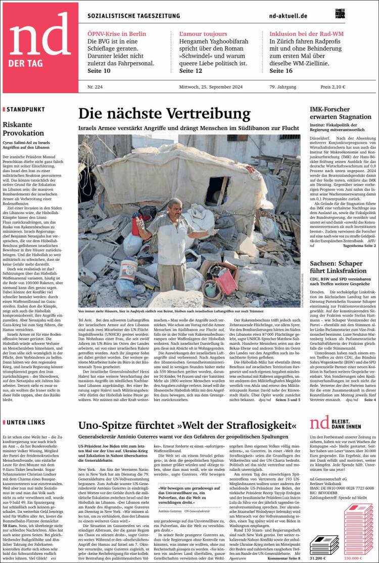 Portada de Neues Deutschland (Alemania)