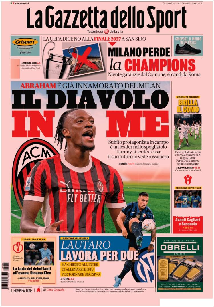 Portada de La Gazzetta dello Sport (Italia)