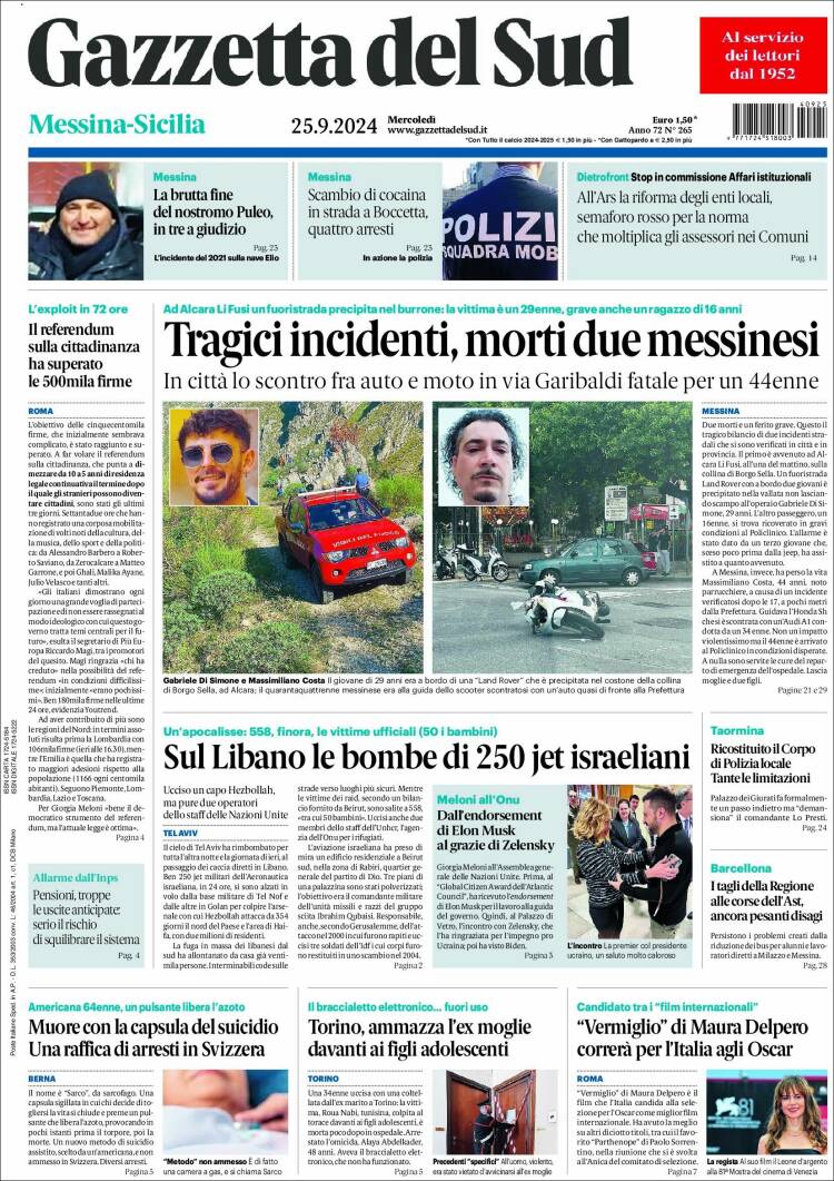 Portada de Gazzetta del Sud (Italia)