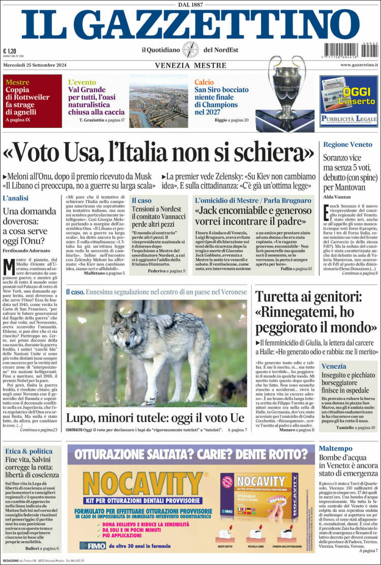 Portada de Il Gazzettino (Italia)