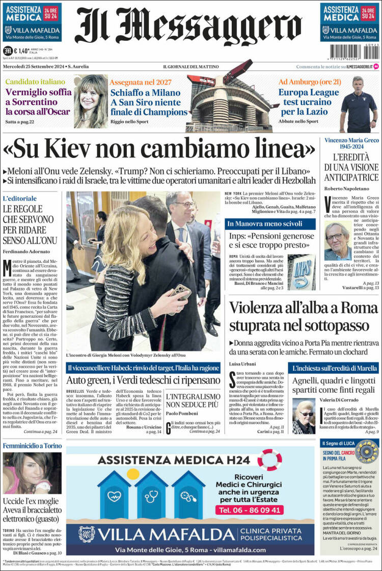 Portada de Il Messaggero (Italia)