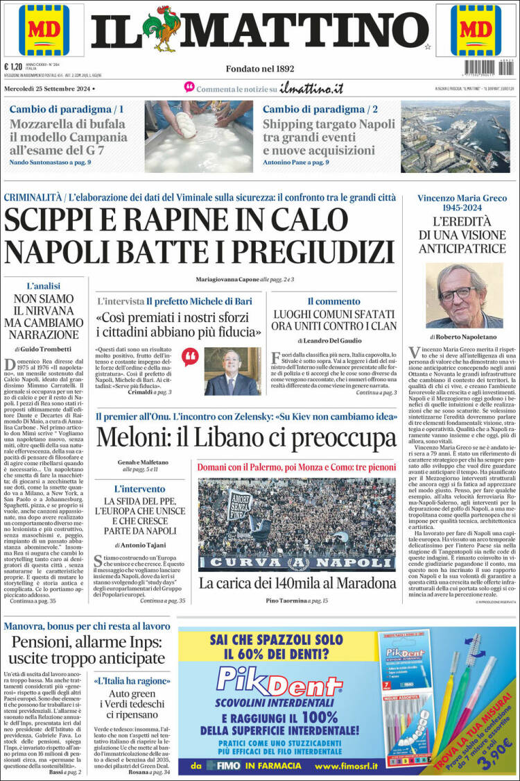 Portada de Il Mattino (Italia)