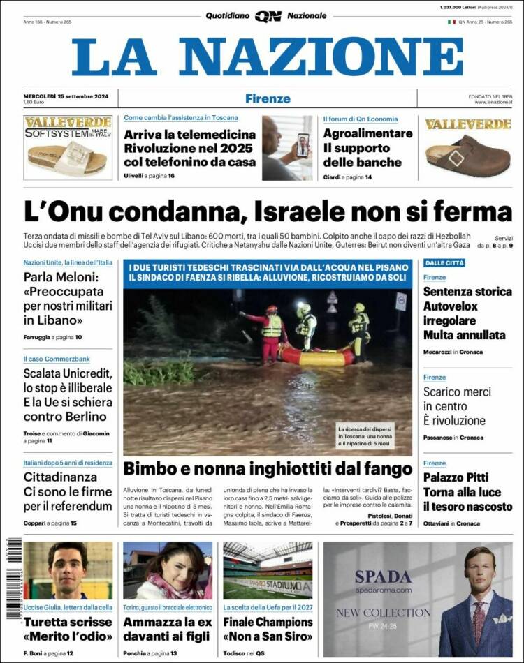 Portada de La Nazione (Italia)