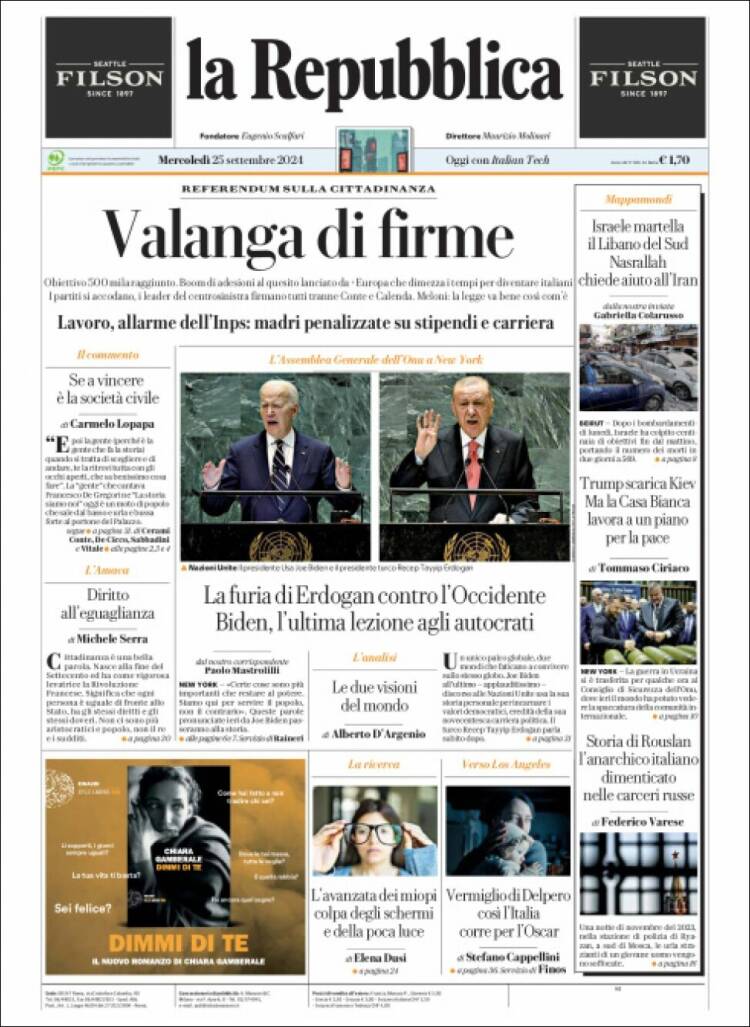 Portada de La Repubblica (Italia)