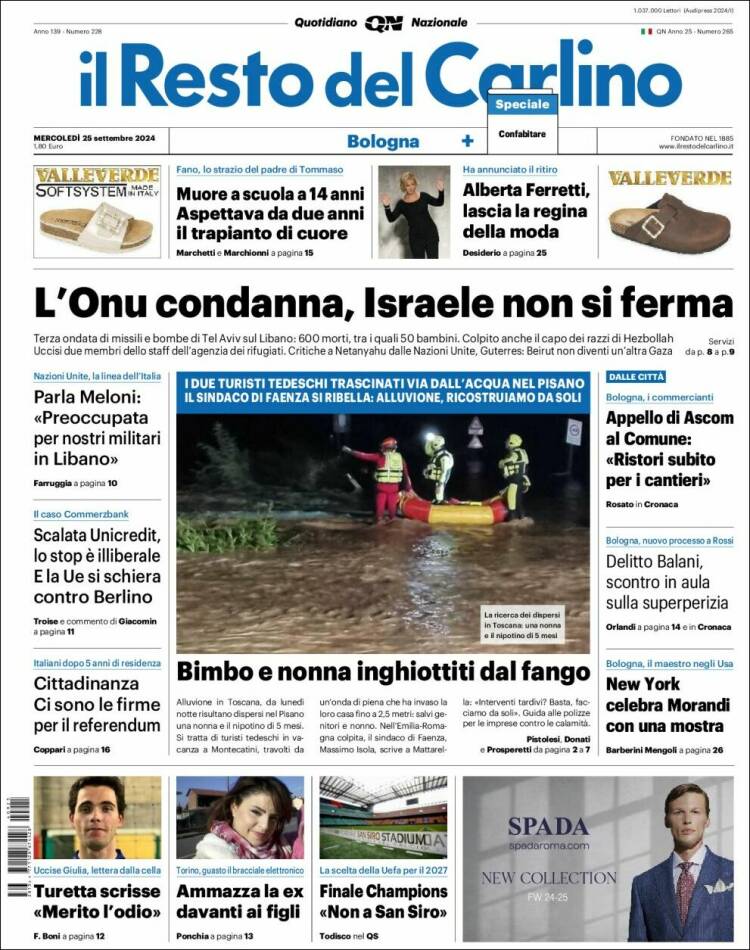 Portada de Il Resto del Carlino (Italia)