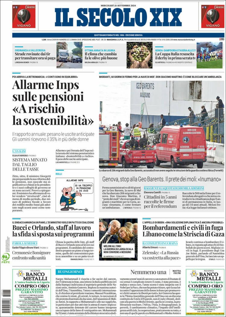 Portada de Il Secolo XIX (Italia)