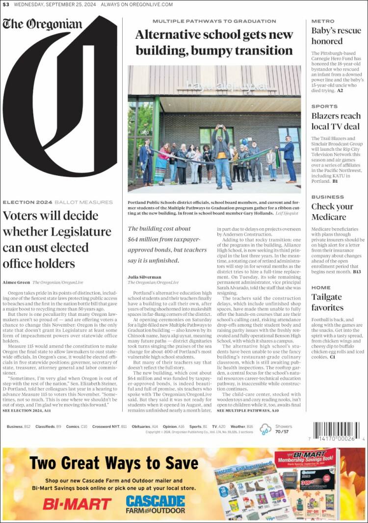 Portada de The Oregonian (USA)