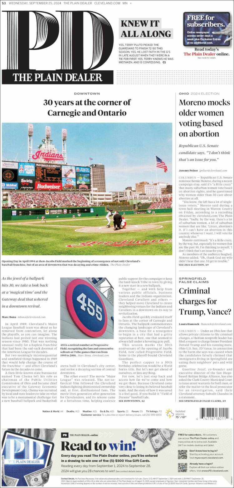 Portada de The Plain Dealer (USA)