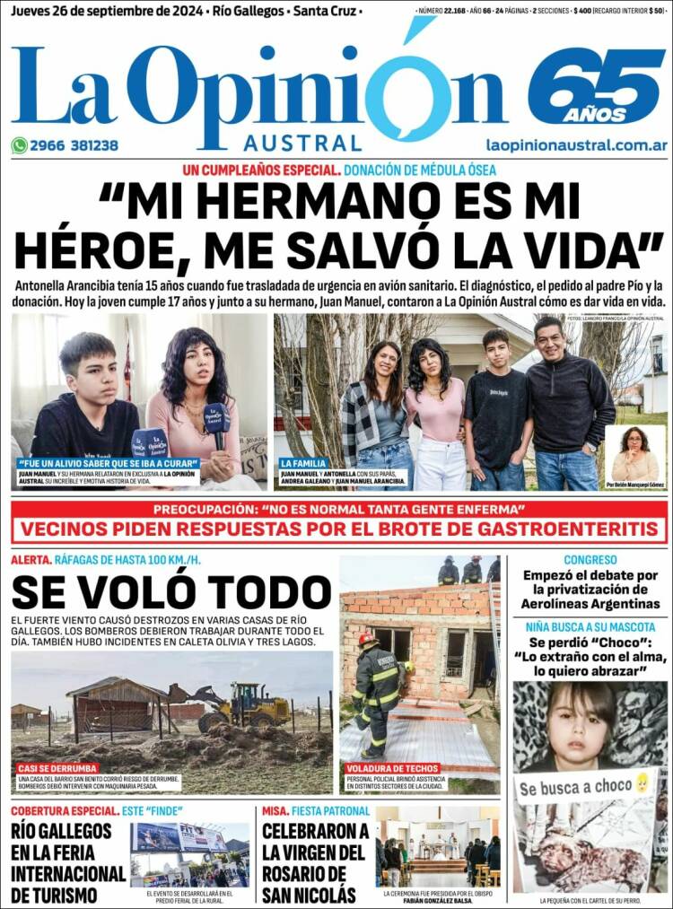 Portada de La Opinión Austral (Argentina)