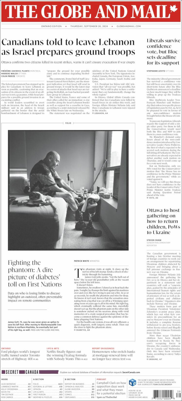 Portada de The Globe and Mail (Canadá)