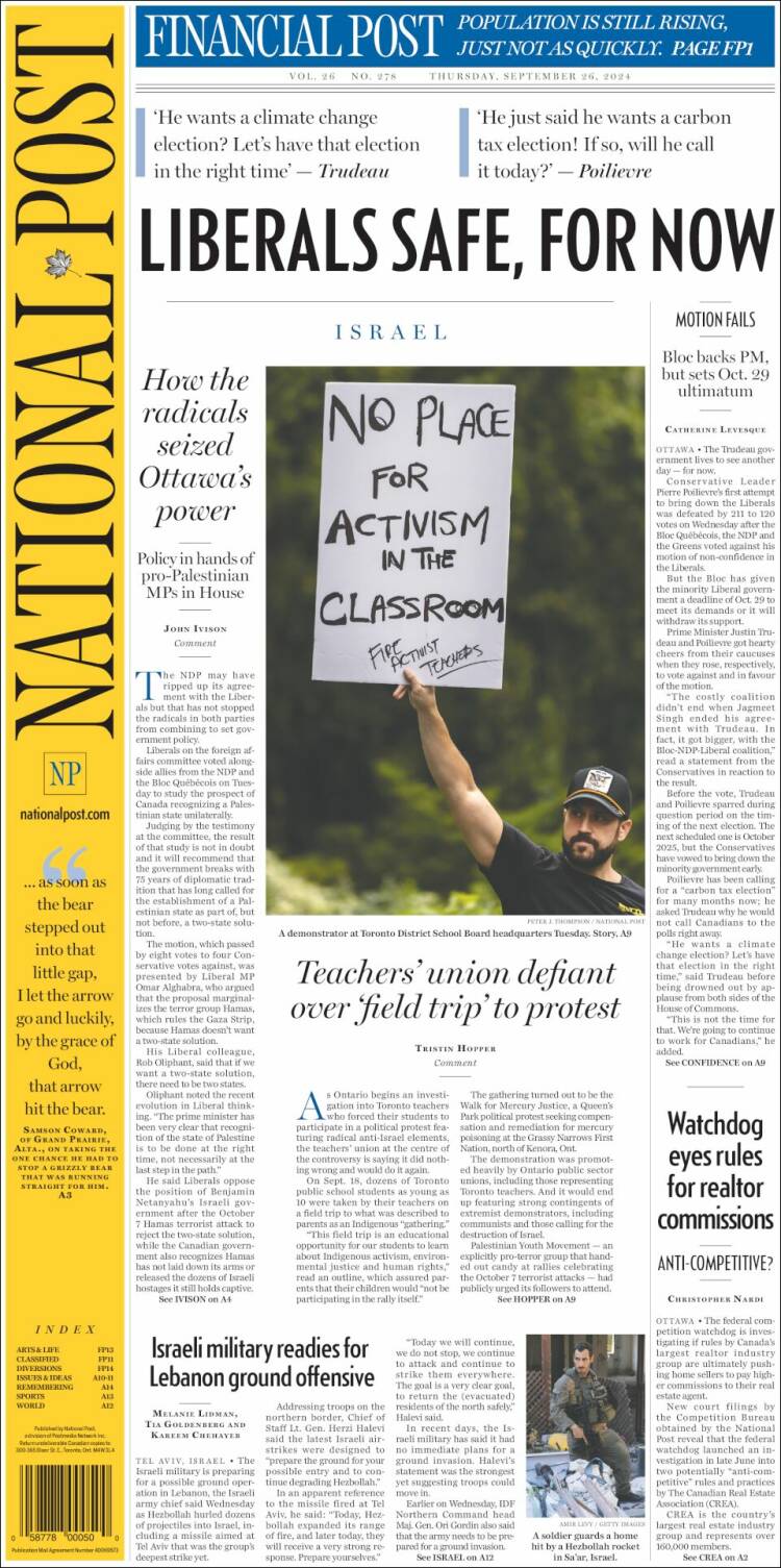 Portada de The National Post (Canadá)