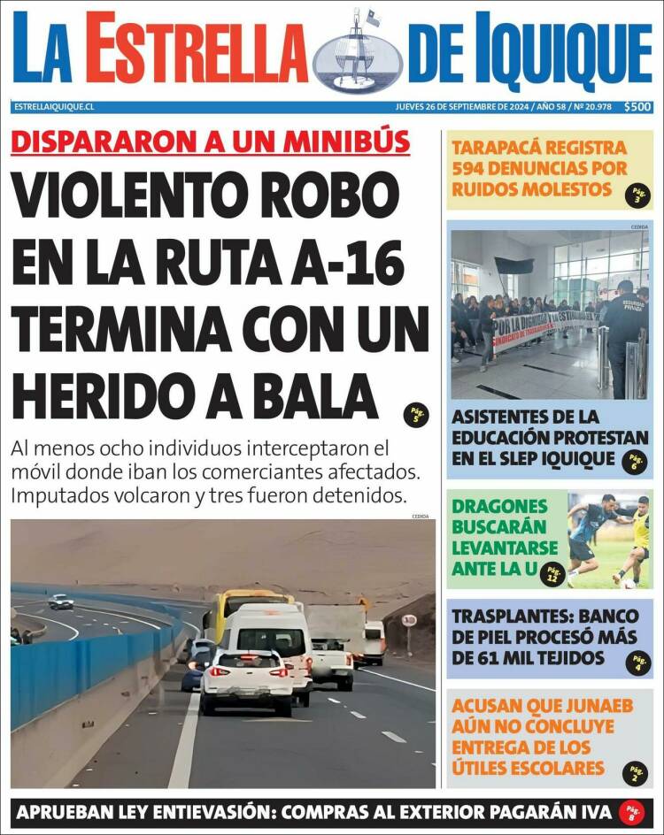 Portada de La Estrella de Iquique (Chile)