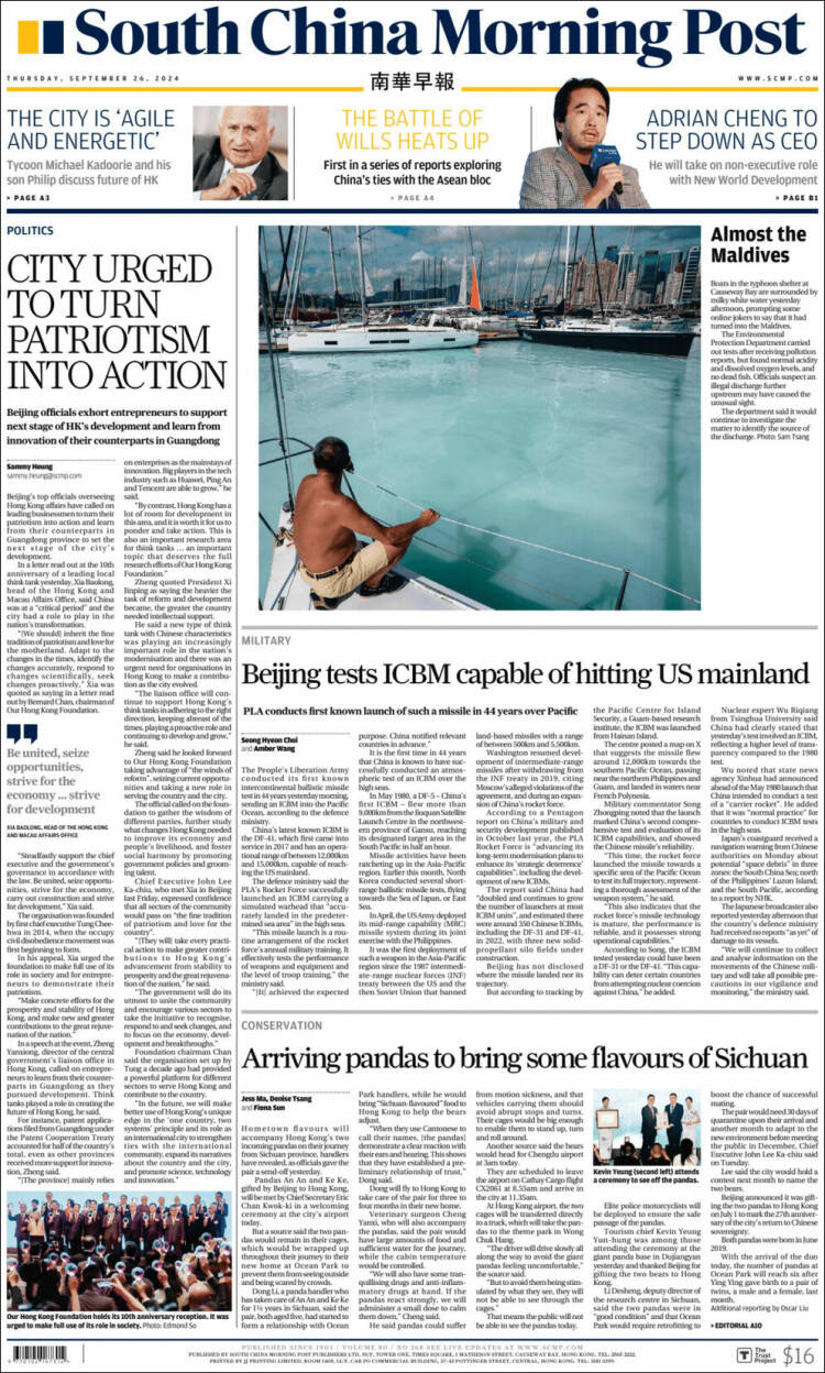 Portada de South China Morning Post (China)