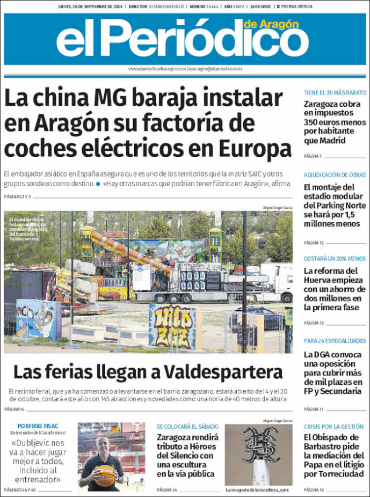 Portada de El Periódico de Aragón (España)