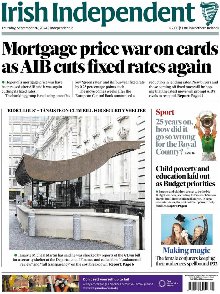 Portada de Irish Independent (Irlanda)