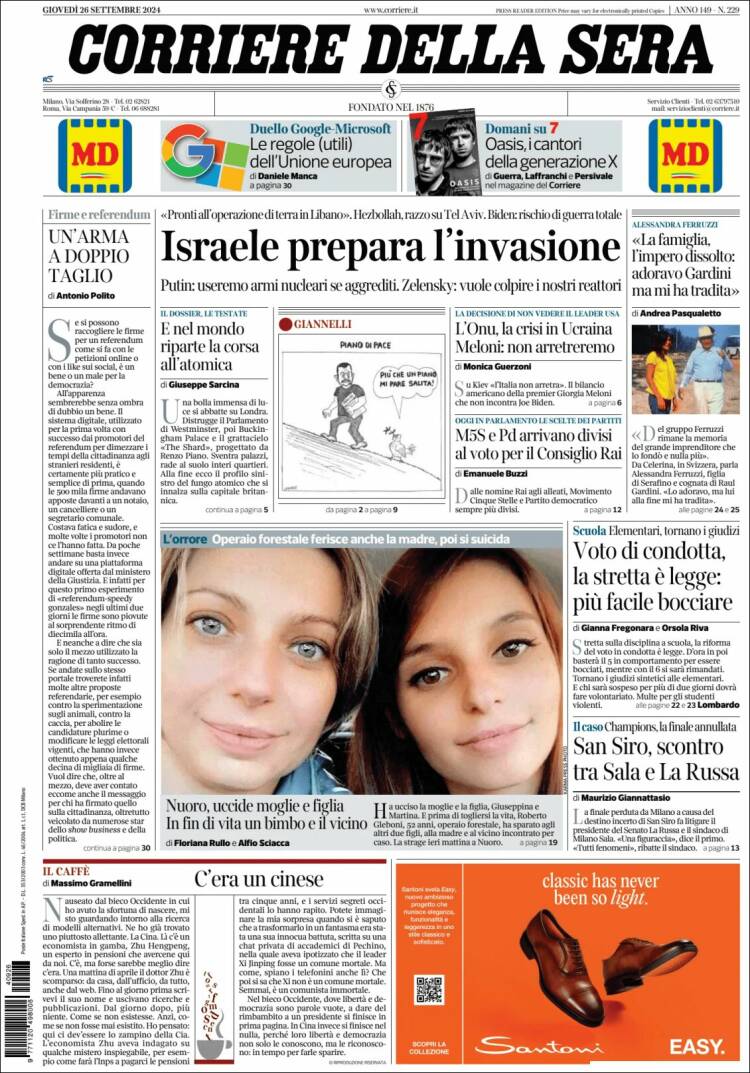 Portada de Corriere della Sera (Italia)