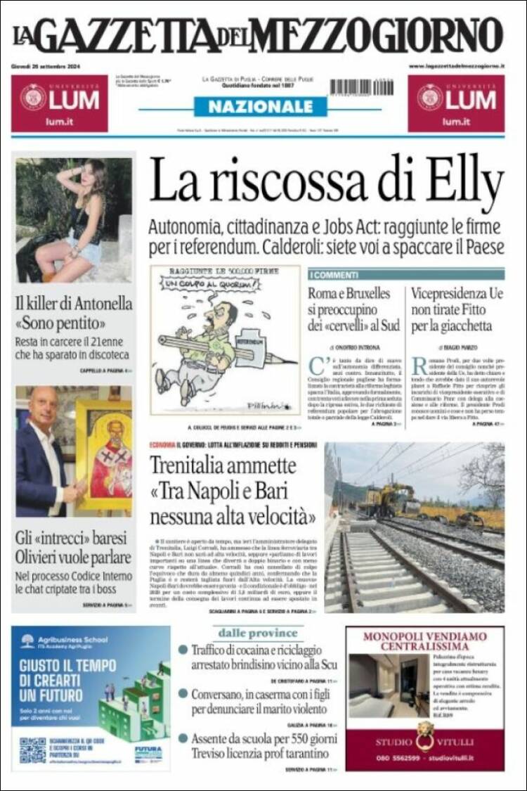 Portada de La Gazzetta del Mezzogiorno (Italia)
