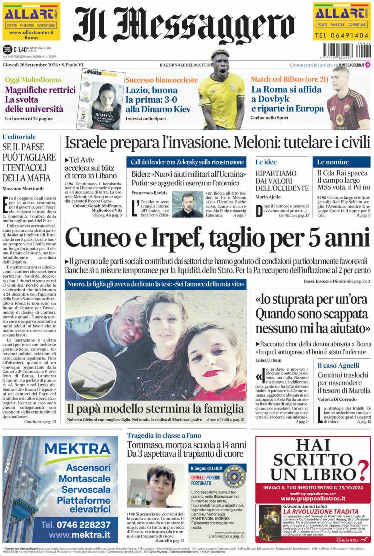 Portada de Il Messaggero (Italia)