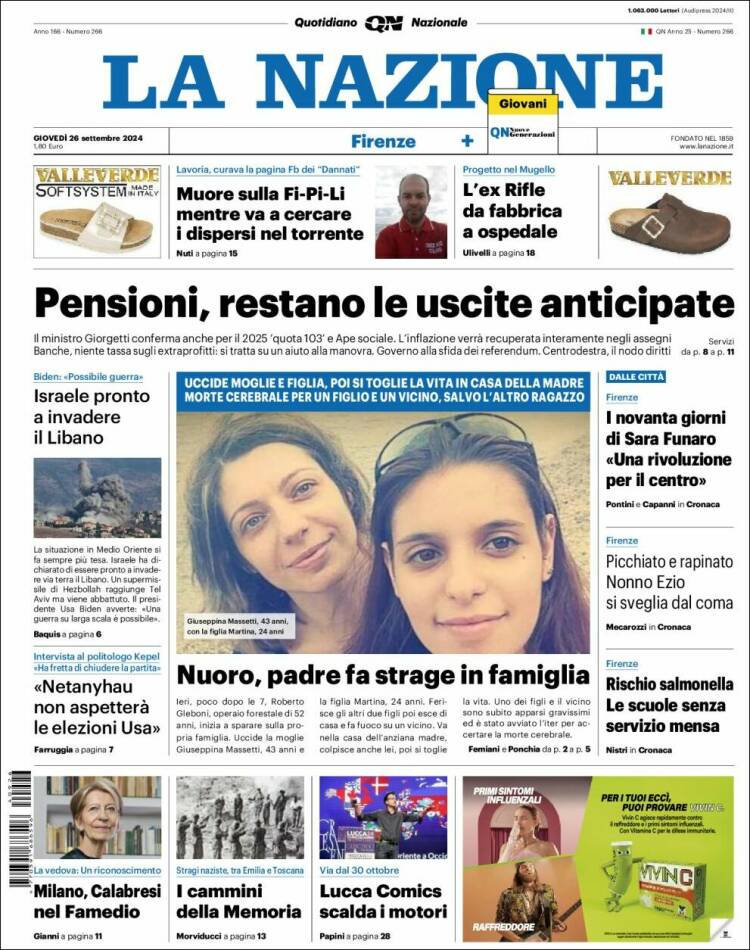 Portada de La Nazione (Italia)