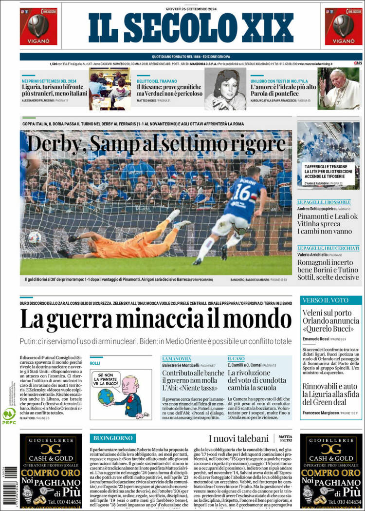 Portada de Il Secolo XIX (Italia)