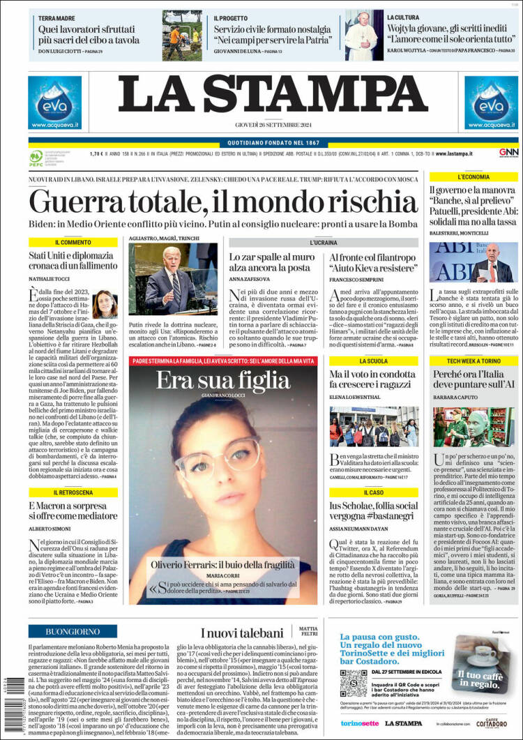 Portada de La Stampa (Italia)