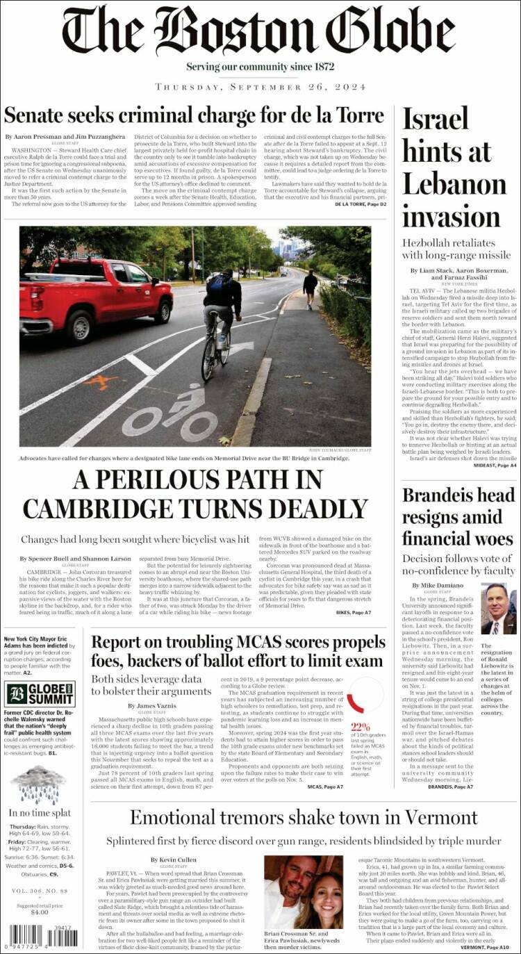 Portada de Boston Globe (USA)