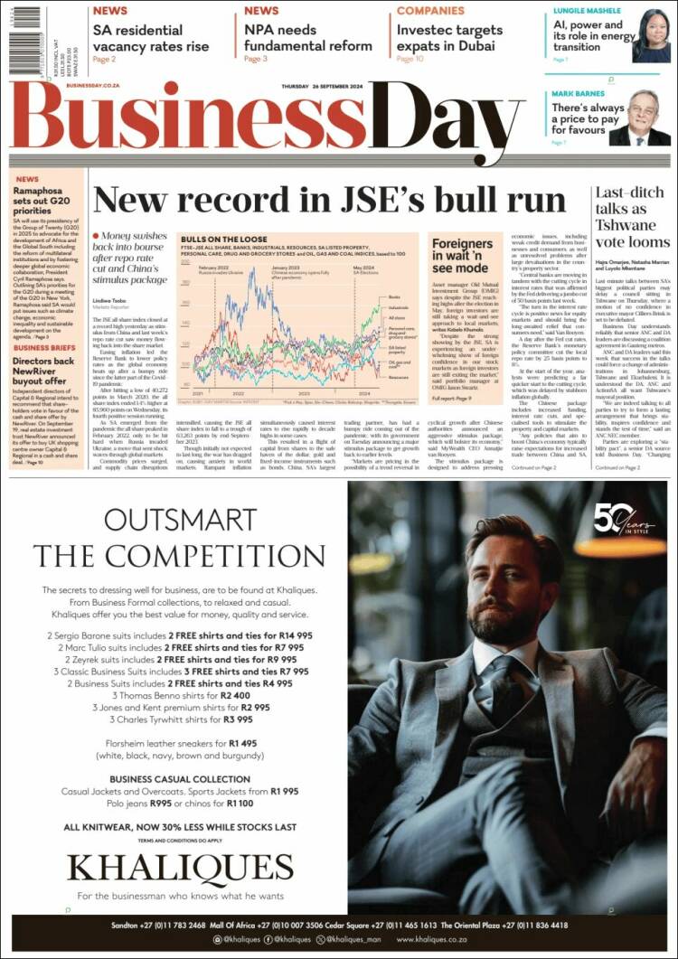 Portada de Business Day (Sud&aacute;frica)